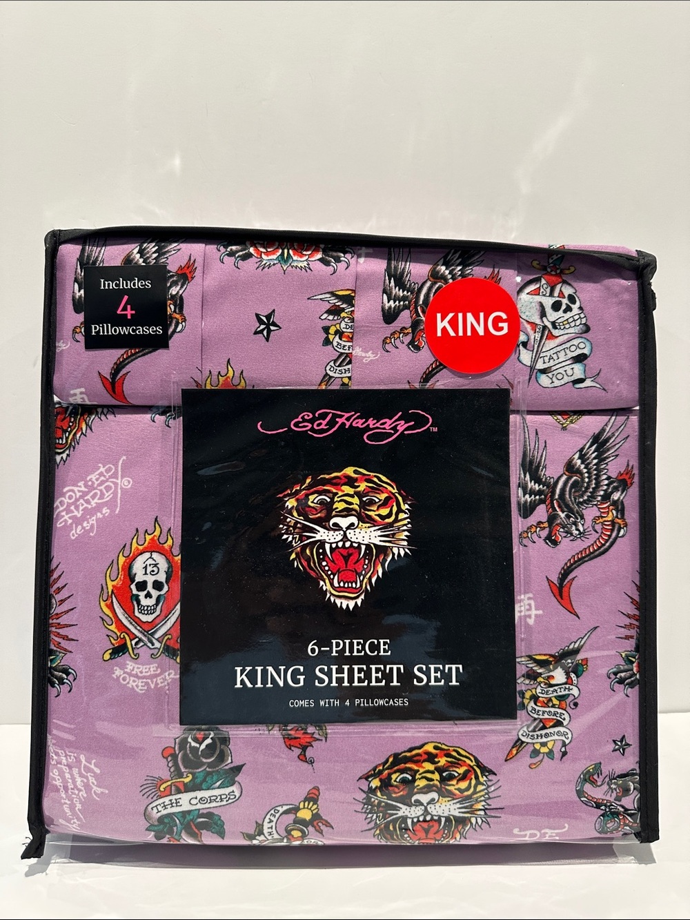 NWT Ed Hardy Death Before Dishonor 6 Piece King Sheet Set with 4 Pillowcases.